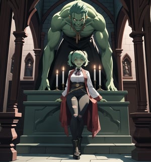 A masterpiece of monsters, gothic and Castlevania Symphony of the Night rendered in ultra-detailed 4K. | Aya, a young 23-year-old woman with ((green skin))++, is dressed in a Frankenstein-inspired outfit consisting of a ripped white shirt, ripped black pants, black leather boots, and a stained lab coat. Her short blue hair is disheveled with two pigtails held together by silver barrettes. Her golden eyes shine as ((she looks at the viewer, smiling and showing her white teeth)). It is located in an old castle, with rock and metal structures. An altar stands in the center of the site, surrounded by figurines and candelabra. Metallic structures and altars with macabre emblems complete the dark and gothic environment. | The image highlights Aya's monstrous figure and the castle's architectural elements. The rock and metal structures, the altar, the statuettes, the chandeliers and the macabre emblems create a gothic and dark atmosphere. The lit candles illuminate the scene, creating dramatic shadows and highlighting the details of the scene. | Soft, shadowy lighting effects create a tense, uncomfortable atmosphere, while rough, detailed textures on structures and objects add realism to the image. | A gothic and eerie scene of a monstrous scientist with green skin in an ancient castle, fusing elements of Frankenstein, monsters and Castlevania Symphony of the Night. | (((The image reveals a full-body shot as Aya assumes a sensual pose, engagingly leaning against a structure within the scene in an exciting manner. She takes on a sensual pose as she interacts, boldly leaning on a structure, leaning back and boldly throwing herself onto the structure, reclining back in an exhilarating way.))). | ((((full-body shot)))), ((perfect pose)), ((perfect arms):1.2), ((perfect limbs, perfect fingers, better hands, perfect hands, hands)), ((perfect legs, perfect feet):1.2), ((huge breasts)), ((perfect design)), ((perfect composition)), ((very detailed scene, very detailed background, perfect layout, correct imperfections)), Enhance, Ultra details++, More Detail, poakl