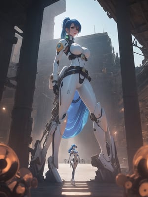In high-resolution UHD, mecha musume style with nuances of Chrono Trigger. | An imposing woman wearing a white robotic suit, blue accents, and circular lights, standing out with a snug outfit and striking breasts. A cybernetic belt with a bright jewel at the center adorns her waist. Short blue hair with a ponytail adds elegance. With a futuristic helmet, she gazes directly at the observer on an aircraft filled with Square Enix's giant machines and robots. The window reveals a fantastic panorama. | Composition with atmospheric perspective, wide angle, and f/4.0 aperture to enhance depth. Effects like global illumination and projected shadows create an immersive atmosphere. | A mecha musume warrior, ready to unravel temporal mysteries on her journey inspired by Chrono Trigger. | She: ((interacting and leaning on anything, very large structure+object, leaning against, sensual pose):1.3), ((Full body image)), perfect hand, fingers, hand, perfect, better_hands, More Detail.