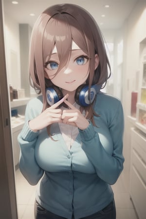 nm1,(nakano miku brown hair between eyes dark blue cardigan headphones detailed fingers beautiful hands), (((best quality:1.2, masterpiece:1.1, ultra-detailed))), sfw, shopping mall, brown hair, short hair, blue eyes, detailed eyes, detailed body, smooth skin, beautiful face, breasts, big breasts, perfect big breasts, (looking at viewer), (cowboy shot)