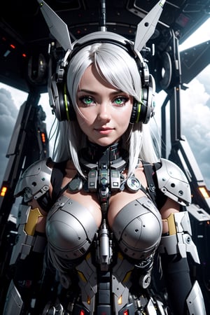8K, Best Quality, Masterpiece, Ultra High Resolution, (Realism: 1.4), Girl Futuristic Battle Suit, Green Pupils, In the cockpit of a mecha, Cloudy background, Dark Clouds, Lightning, Background of Air Battlefield, Falling Airplane, Flying Anti-Aircraft Missiles, Exploding Flames, Mechanically Built Birds, Real Woman, Cleavage, Real Face, Cute Girl, Smile, Perfect Cyborg Girl, Wearing Sci-Fi Headphones, Beautiful Female , Beautiful Girl Cyborg, Silver Hair, Manipulator, CG ,,cibertribal