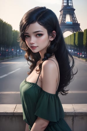 ,yifu001,yf001,quality, masterpiece, photo realistic, intricate details, raw photo, photon rendering, octane render, absurdres, ultra detailed, detailed face, detailed skin, trending on artstation,8k masterpiece,cinematic lighting, ((1girl)),((solo)),((looking_at_viewer)), twintails,trending on cg society,plasticien,((black long hair)),((beautiful woman)),(Smile),((Eiffel Tower)),(Green plant),((sexy)),wind blowing hair, ((flowing hair)),happy,fashion magazine,(nsfw:1,2) ,