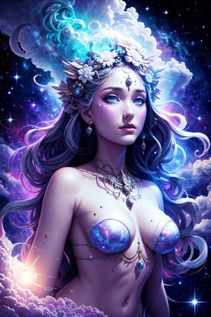 celestial goddess, floating, clouds,galaxy,nebula