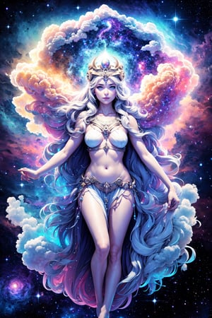 celestial goddess, floating, clouds,galaxy,nebula