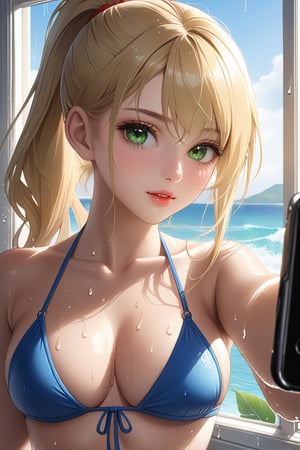 (masterpiece, best quality, highres), (realistic skin texture), soft lighting, 1girl, blonde ponytail hair, (wet hair:1.3), red lipstick, green eyes, taking a selfie, wearing a revealing sexy and hot bikini, blue bikini, detailed, solo, selfie, fit, window, wet, skindentation, brach, intricate details, sunny, narrow waist