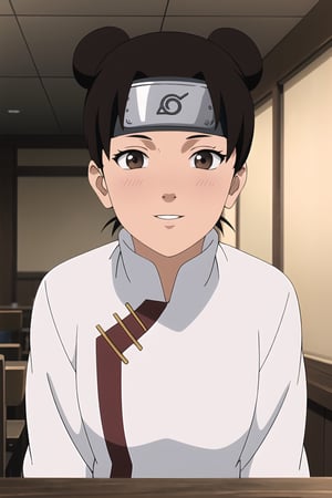 masterpiece, 1girl, (incoming_kiss), restaurant, upper_body, white shirt,  beautiful, brown_hair, brown_eyes, indoors, cinematic lighting, tenten, atmospheric, blush, looking_at_viewer, pov kiss, forehead protector, kissing_viewer, tenten\(shippuden\), cute, smile