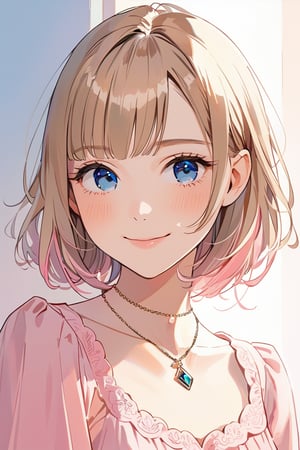 aestetic, best quality, 1girl, light brown hair, blunt ends, blunt bangs, medium hair, low ponytail, beautiful detailed eyes, blue eyes, beautiful face, gentle smile, closed mouth, head tilt, pink clothes, necklace, soft light, upperbody, blush, masterpiece, gradient_hair,