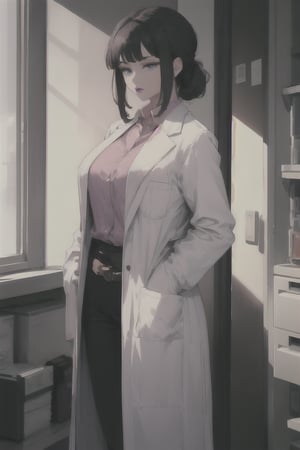 mature woman, 1girl, single hair bun, tied hair, black hair, blue eyes, swept bangs, doctor, lab coat white coat, pink shirt, solo, standing, purple lipstick