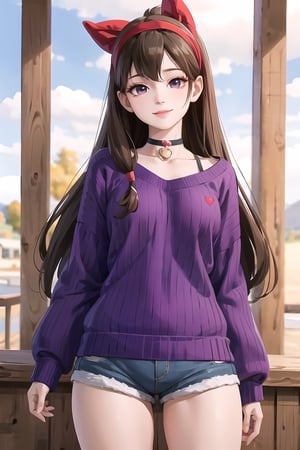 mabel pines, (masterpiece), (best_quality), sweater, cute, 1girl,  cable_knit, aran_sweater, blue_sweater, purple_sweater, standing, brown_hair, red_hairband, black_eyes, smile, very_long_hair, solo, hairband, heart_choker, shorts, cowboy_shot, ribbed_sweater, Mabel Pines