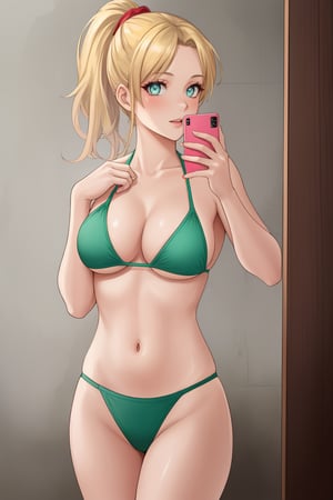 (masterpiece, best quality, highres, photorealistic), (realistic, realistic skin texture), 1girl, blonde ponytail hair, red lipstick, green eyes, taking a selfie, wearing a revealing sexy and hot bikini, solo, selfie,fit, 