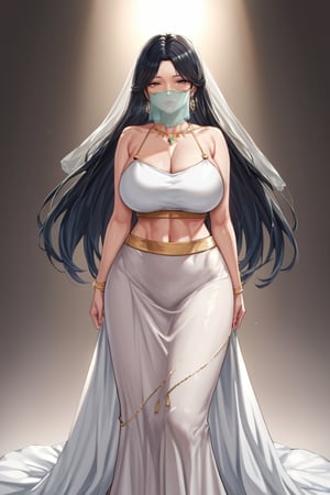 Score_9, Score_8_up, Score_7_up, Score_6_up, Score_5_up, source_anime, best quality, source_anime, 1girl, large breasts, mature female, black hair, parted bangs, long hair, long skirt, see-through skirt, crop top, mouth veil, parted lips, queen, jewelry, standing, gold trimmed, see-through silhouette, backlighting