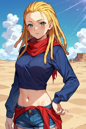 score_9, score_8_up, score_7_up, score_6_up, high quality, source_anime, BREAK, 1girl, blonde hair, (dreadlocks:1.3), forehead, red scarf, long sleeves, turtleneck sweater, dark blue sweater, midriff, denim shorts, green eyes, red clothes around waist,  cowboy shot, desert, outdoors, sand, day, looking at viewer, source_anime, solo, long hair