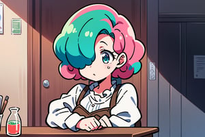 score_9, score_8_up, score_7_up, score_6_up, score_5_up, source_anime, 1girl, table, curly hair, multicolored hair, pink hair, (black hair:0.8), roots_(hair), hair over one eye, one eye covered, hair behind ear, white frilled shirt, masterpiece, best quality, puffy long sleeves, brown belt, sitting