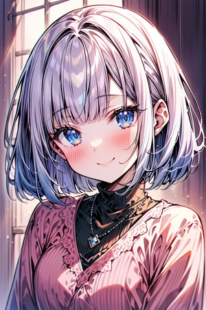 aestetic, best quality, 1girl, white hair, blunt ends, blunt bangs, medium hair, bobcut, beautiful detailed eyes, blue eyes, beautiful face, gentle smile, closed mouth, head tilt, pink clothes, necklace, soft light, upperbody, blush, masterpiece, gradient_hair,