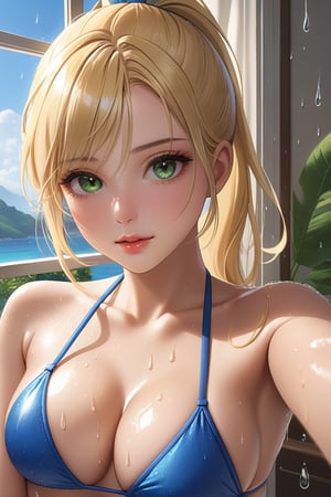 (masterpiece, best quality, highres), (realistic skin texture), soft lighting, 1girl, blonde ponytail hair, (wet hair:1.3), red lipstick, green eyes, taking a selfie, wearing a revealing sexy and hot bikini, blue bikini, detailed, solo, selfie, fit, window, wet, skindentation, brach, intricate details, sunny, narrow waist