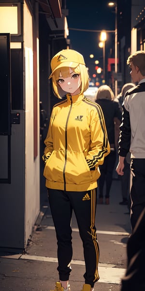 1girl,  blonde_hair, yellow headwear,  bob cut,  black eyes,  evil,  tracksuit,  jacket,  yellow clothes,  track pants,  solo,  nature,  night, (masterpiece), wallpaper,