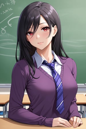 mature female, teacher, long black hair, red eyes, purple sweater, small breasts, beautiful, classroom, sleeves pushed up, beautiful day, attractive, chalkboard, 1girl, female teacher, necktie, sfw, office lady, milf, detailed clothes, sidecut, uneven haircut