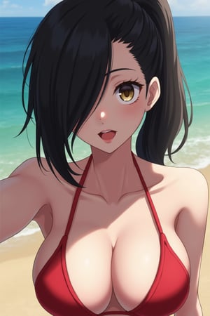 score_9, score_8_up, score_8, best quality, 1girl, black side ponytail hair, red lipstick, hair covering one eye, taking a selfie, wearing a revealing sexy bikini, solo, score_9_up, score_7_up, score_6_up, realistic skin texture, cinematic light, detailed, facing viewer, selfie, source anime, hair covering eyes, asymmetric_bangs, eye pattern eye pront bikini