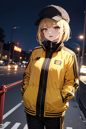 best quality, 1girl, blonde_hair, cabbie_hat, yellow_headwear, bob_cut, black_eyes, evil, tracksuit, jacket, open_track_jacket, yellow_clothes, track_pants, solo, nature, night