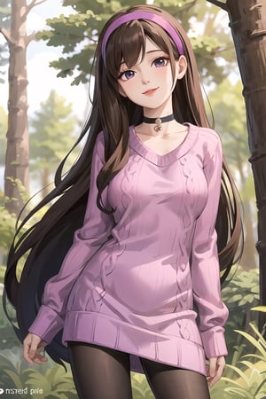 mabel pines, (masterpiece), (best_quality), sweater, 1girl,  cable_knit, aran_sweater, blue_sweater, purple_sweater, standing, brown_hair, hairband, black_eyes, star_print, smile, very_long_hair, solo, purple_hairband, choker, pantyhose, cowboy_shot, ribbed_sweater, Mabel Pines, outdoors, forest