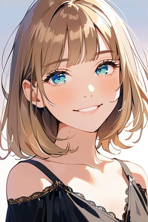 aestetic, best quality, 1girl, light brown hair, blunt ends, blunt bangs, medium hair, low ponytail, beautiful detailed eyes, blue eyes, beautiful face, gentle smile, closed mouth, head tilt, black clothes, collarbone, soft light, upperbody, blush, masterpiece, gradient_hair,