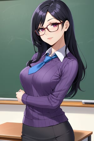 mature female, teacher, long black hair, glasses, multicolored hair, red eyes, purple sweater, small breasts, beautiful, classroom, sleeves pushed up, beautiful day, attractive, chalkboard, 1girl, female teacher, necktie, office lady, milf, detailed clothes,