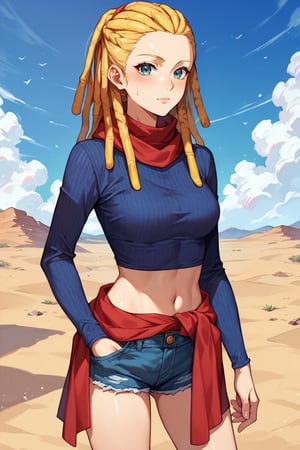 score_9, score_8_up, score_7_up, score_6_up, high quality, source_anime, BREAK, 1girl, blonde hair, (dreadlocks:1.3), forehead, red scarf, long sleeves, turtleneck sweater, dark blue sweater, midriff, denim shorts, green eyes, red clothes around waist,  cowboy shot, desert, outdoors, sand, day, looking at viewer, source_anime, solo