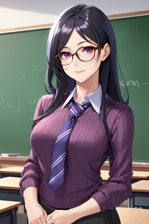 mature female, teacher, long black hair, glasses, multicolored hair, red eyes, purple sweater, small breasts, beautiful, classroom, sleeves pushed up, beautiful day, attractive, chalkboard, 1girl, female teacher, necktie, sfw, office lady, milf, detailed clothes,