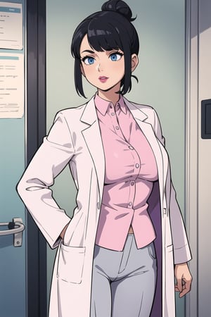 mature woman, 1girl, single hair bun, black hair, blue eyes, swept bangs, doctor, lab coat white coat, pink shirt, solo, standing, purple lipstick, grey pants