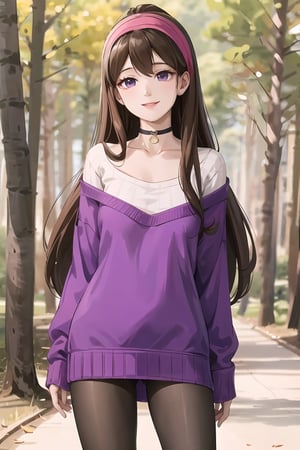 mabel pines, (masterpiece), (best_quality), sweater, cute, 1girl,  cable_knit, aran_sweater, blue_sweater, purple_sweater, standing, brown_hair, hairband, black_eyes, star print, smile, very_long_hair, solo, purple_hairband, choker, pantyhose, cowboy_shot, ribbed_sweater, Mabel Pines, outdoors, forest