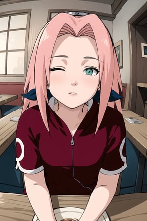 masterpiece, 1girl, (incoming_kiss), pov kiss, restaurant, close_up, short sleeves, beautiful, pink_hair, green_eyes, long_hair, perfect_eyes, indoors, cinematic lighting, haruno sakura, atmospheric, looking_at_viewer, forehead_protector, kissing_viewer, small_breasts,