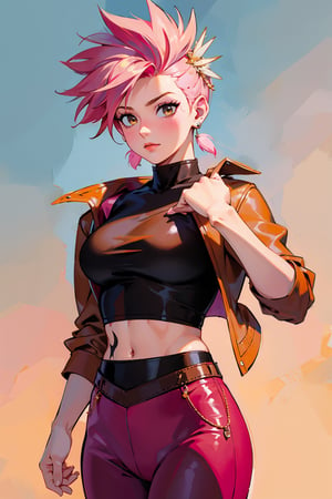 1girl,  pink hair,  brown shirt,  {{spiked hair,  feather_earrings}},  brown pants,  spiky hair,  {yoga pants},  shirt,  best quality,  fit,  brown cape,  plastic skin,  real clothes texture