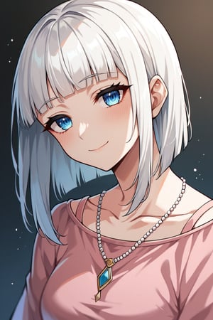 Score_9, Score_8_up, Score_7_up, Score_6_up, source_anime, best quality, 1girl, white hair, blunt ends, blunt bangs, medium hair, bobcut, beautiful detailed eyes, blue eyes, beautiful face, gentle smile, closed mouth, head tilt, pink clothes, necklace, soft light, upperbody, blush, masterpiece