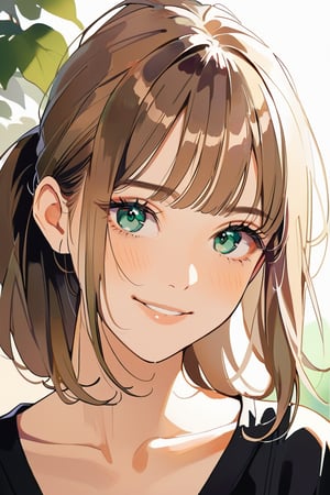 aestetic, best quality, 1girl, light brown hair, blunt ends, blunt bangs, medium hair, low ponytail, beautiful detailed eyes, green eyes, beautiful face, gentle smile, closed mouth, head tilt, black clothes, collarbone, soft light, upperbody, blush, masterpiece, gradient_hair, brown hair, himecut