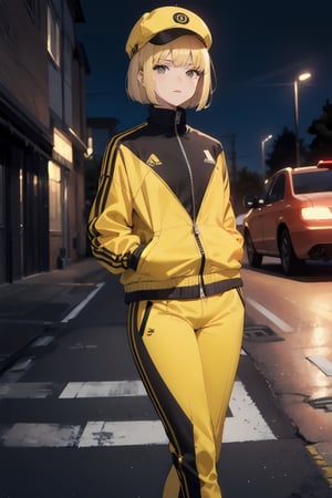 best quality, 1girl, blonde_hair, cabbie_hat, yellow_headwear, bob_cut, black_eyes, evil, tracksuit, jacket, yellow_clothes, track_pants, solo, nature, night