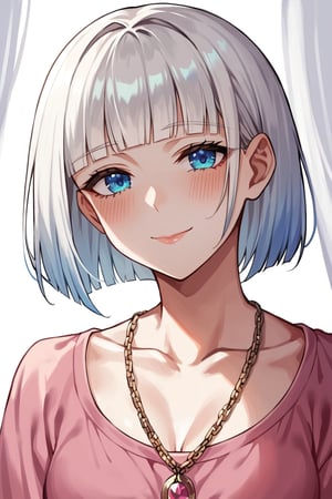 Score_9, Score_8_up, Score_7_up, Score_6_up, source_anime, best quality, 1girl, white hair, blunt ends, blunt bangs, medium hair, bobcut, beautiful detailed eyes, blue eyes, beautiful face, gentle smile, closed mouth, head tilt, pink clothes, necklace, soft light, upperbody, blush, masterpiece, gradient_hair,