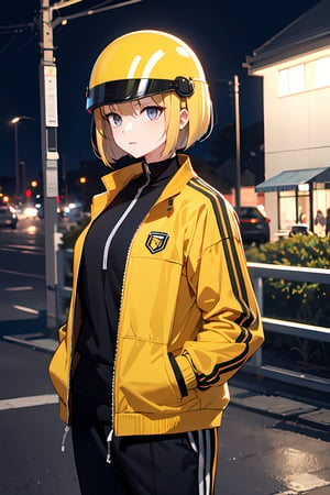 best quality, 1girl, blonde_hair, helmet, bob_cut, black_eyes, evil, tracksuit, jacket, open_track_jacket, yellow_clothes, track_pants, solo, nature, night