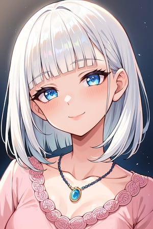 Score_9, Score_8_up, Score_7_up, Score_6_up, source_anime, best quality, 1girl, white hair, blunt ends, blunt bangs, medium hair, bobcut, beautiful detailed eyes, blue eyes, beautiful face, gentle smile, closed mouth, head tilt, pink clothes, necklace, soft light, upperbody, blush, masterpiece, gradient_hair,