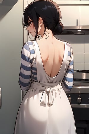masterpiece, best quality, milf, 1girl, black_hair, mature_female, housewife, (from_behind, facing_away), (striped_dress, long_dress), indoors, short_hair, pantylines, single_hair_bun, striped, from_behind facing_away, taut_dress, white_dress black_dress, sleeves, apron,