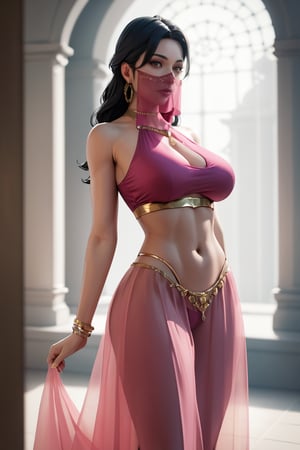 Score_9, Score_8_up, Score_7_up, Score_6_up, Score_5_up, best quality, 1girl, large breasts, mature female, black hair, parted bangs, long hair, pink long skirt, see-through skirt, crop top, mouth veil, parted lips, queen, jewelry, standing, crop_top_overhang , gold trimmed, see-through silhouette, backlighting, indoors