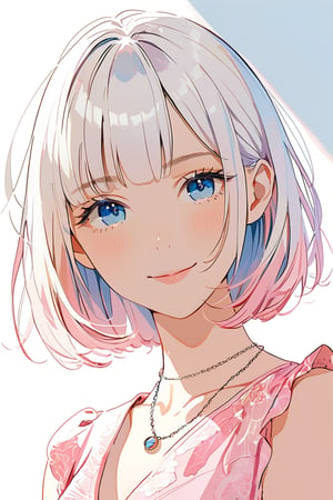 aestetic, best quality, 1girl, white hair, blunt ends, blunt bangs, medium hair, bobcut, beautiful detailed eyes, blue eyes, beautiful face, gentle smile, closed mouth, head tilt, pink clothes, necklace, soft light, upperbody, blush, masterpiece, gradient_hair,