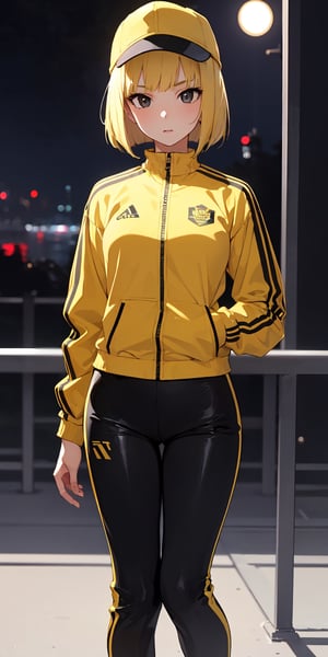 1girl,  blonde_hair, yellow headwear,  bob cut,  black eyes,  evil,  tracksuit,  jacket,  yellow clothes,  track pants,  solo,  nature,  night, (masterpiece), wallpaper,