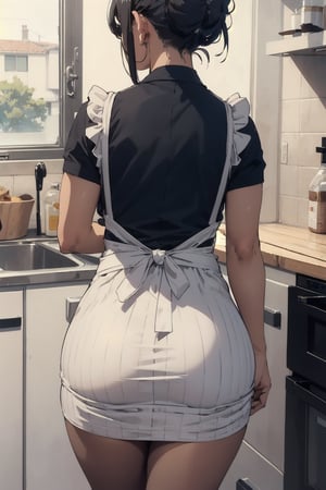 masterpiece, best quality, milf, 1girl, black_hair, mature_female, (from_behind, facing_away), (striped_dress, long_dress), indoors, pantylines, single_hair_bun, striped, from_behind facing_away, apron from_behind, curvy