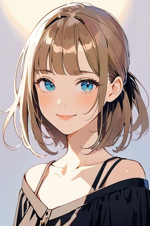 aestetic, best quality, 1girl, light brown hair, blunt ends, blunt bangs, medium hair, low ponytail, beautiful detailed eyes, blue eyes, beautiful face, gentle smile, closed mouth, head tilt, black clothes, collarbone, soft light, upperbody, blush, masterpiece, gradient_hair, brown hair