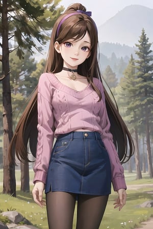 mabel pines, (masterpiece), (best_quality), sweater, 1girl,  cable_knit, aran_sweater, blue_sweater, purple_sweater, standing, brown_hair, hairband, black_eyes, star_print, smile, very_long_hair, solo, purple_hairband, choker, pantyhose, cowboy_shot, ribbed_sweater, Mabel Pines, outdoors, forest