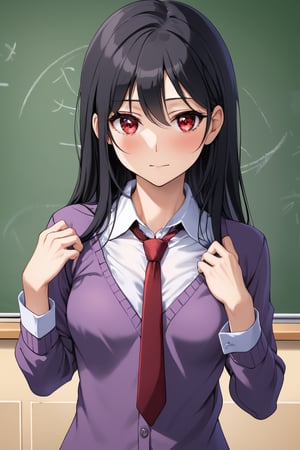 mature female, teacher, long black hair, red eyes, purple sweater, (lifted by self:1.3), small breasts, beautiful, classroom, beautiful day, attractive, chalkboard, 1girl, female teacher, necktie, shirt lift bra, detailed clothes, uneven haircut, upper body, shirt lift, pulled by self, clothes lift, red bra, undressing, erotic, breasts focus