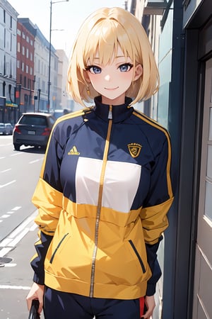 best quality, 1girl, blonde_hair, helmet, bob_cut, black_eyes, mature_female, naughty_smile, tracksuit, jacket, open_track_jacket, yellow_clothes