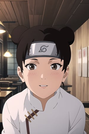 masterpiece, 1girl, (incoming_kiss), restaurant, upper_body, white shirt,  beautiful, brown_hair, brown_eyes, indoors, cinematic lighting, tenten, atmospheric, blush, looking_at_viewer, pov kiss, forehead protector, kissing_viewer, tenten\(shippuden\), cute, smile, konohagakure symbol, medium_breasts