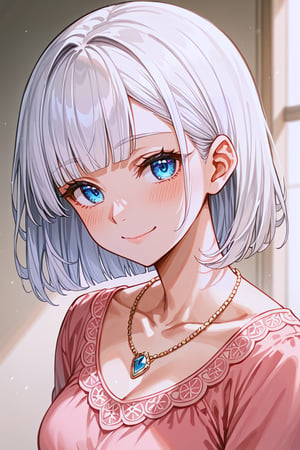 Score_9, Score_8_up, Score_7_up, Score_6_up, source_anime, best quality, 1girl, white hair, blunt ends, blunt bangs, medium hair, bobcut, beautiful detailed eyes, blue eyes, beautiful face, gentle smile, closed mouth, head tilt, pink clothes, necklace, soft light, upperbody, blush, masterpiece