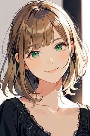 aestetic, best quality, 1girl, light brown hair, blunt ends, blunt bangs, medium hair, low ponytail, beautiful detailed eyes, green eyes, beautiful face, gentle smile, closed mouth, head tilt, black clothes, collarbone, soft light, upperbody, blush, masterpiece, gradient_hair, brown hair