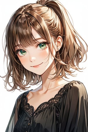 aestetic, best quality, 1girl, light brown hair, blunt ends, blunt bangs, medium hair, low ponytail, beautiful detailed eyes, green eyes, beautiful face, gentle smile, closed mouth, head tilt, black clothes, collarbone, soft light, upperbody, blush, masterpiece, gradient_hair, brown hair, himecut
